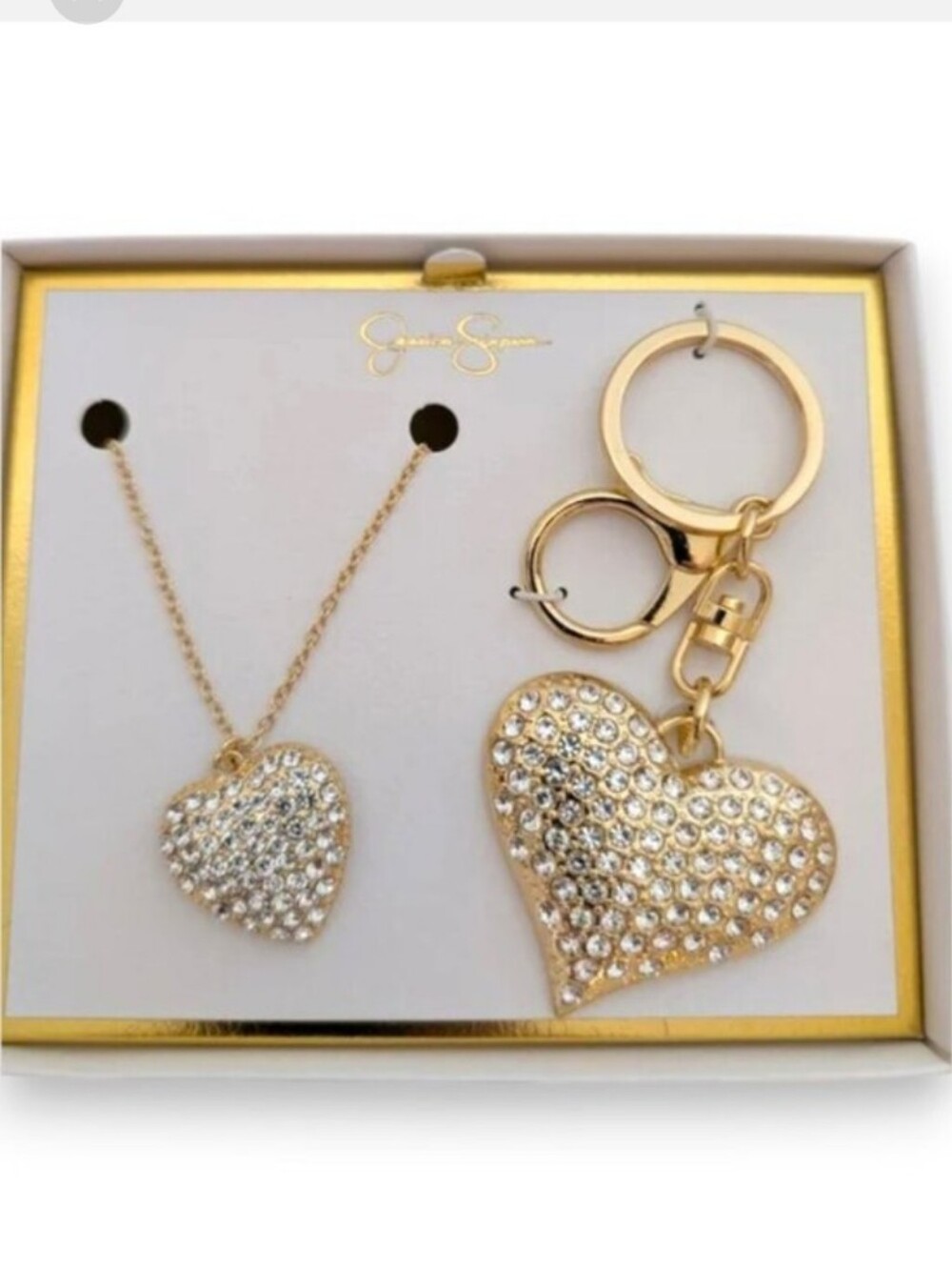 Jessica Simpson Rhinestone Heart Pendant Necklace And Purse Charm Keychain Set
